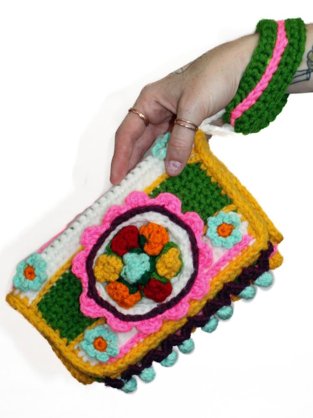 NWT Crochet Clutch Bag Purse Floral Kitschy Handmade Bright Bold Preppy Whimsy